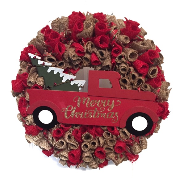 Hand Crafted Christmas Holiday Wreath Red and Tan Burlap Hanger Storage Bag